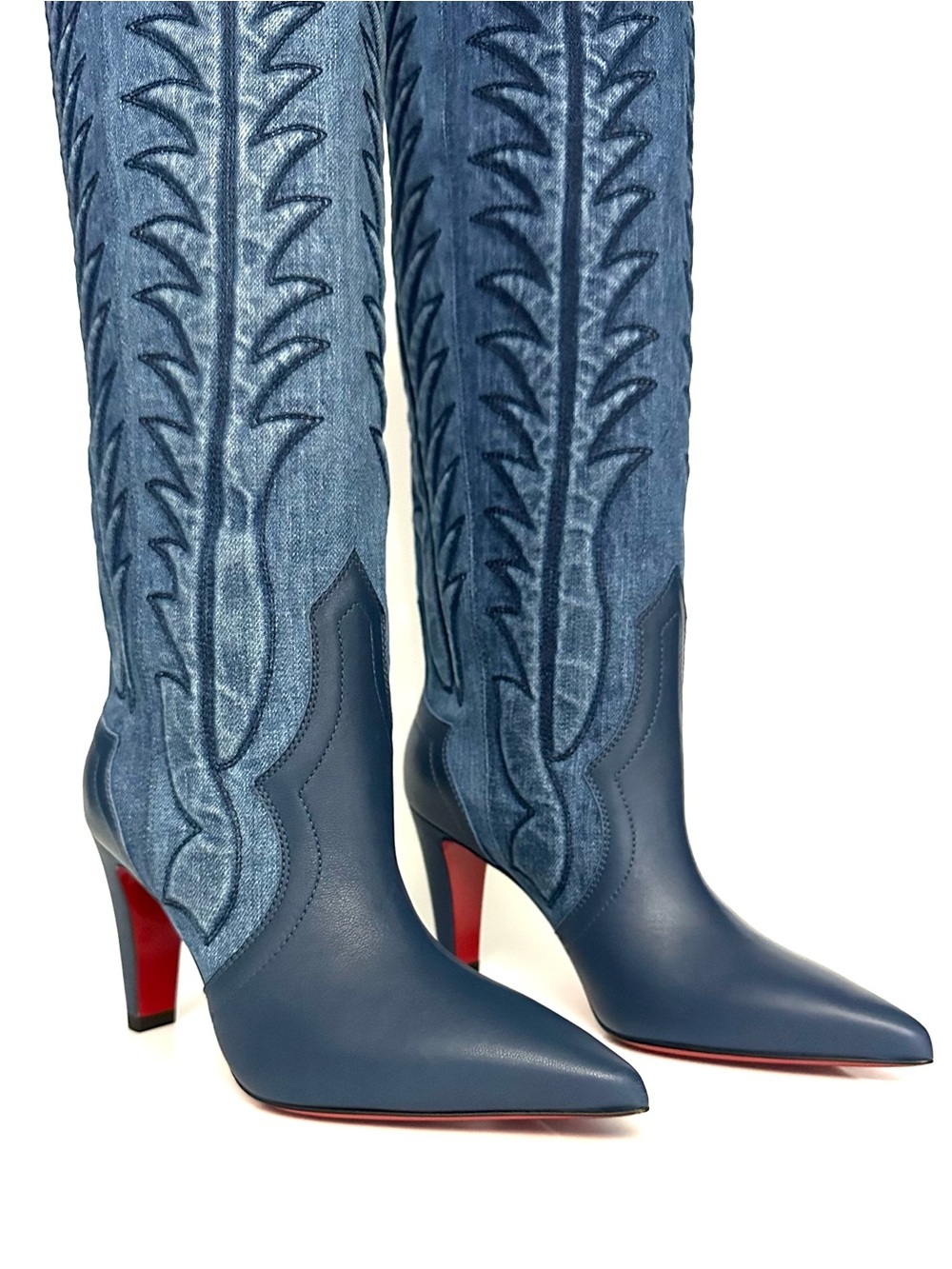 Christian Louboutin Santia 85mm Knee-High Western Boots in Leather and Denim - Picture 6 of 11